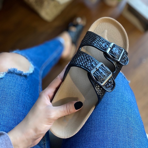 Shoes - Black Double Buckle Woven Slide On Sandals